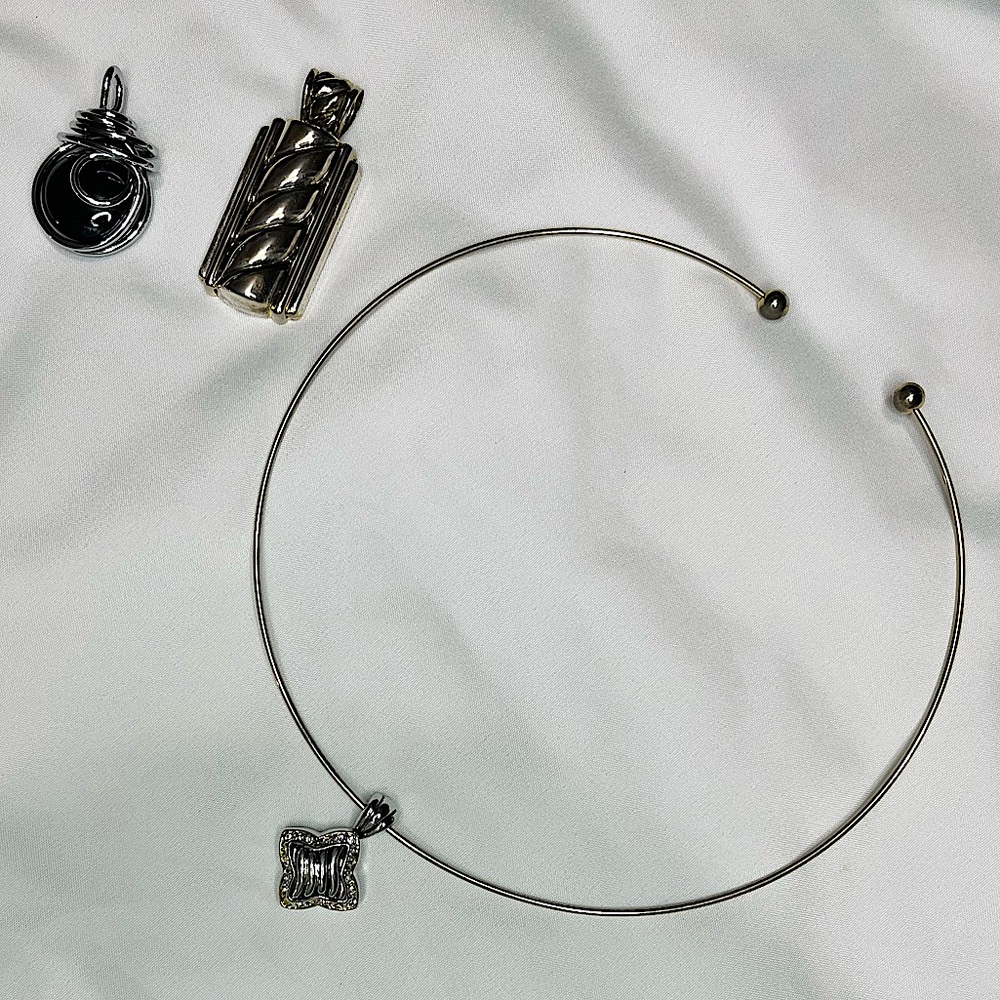 Silver Tone Choker Necklace Set with 3 Interchangeable Pendants